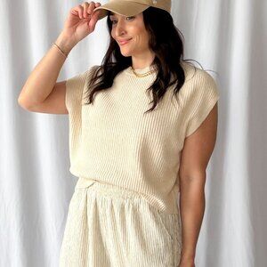 Women's Classic Beige Ribbed Knit Cap Sleeve Top | Beige